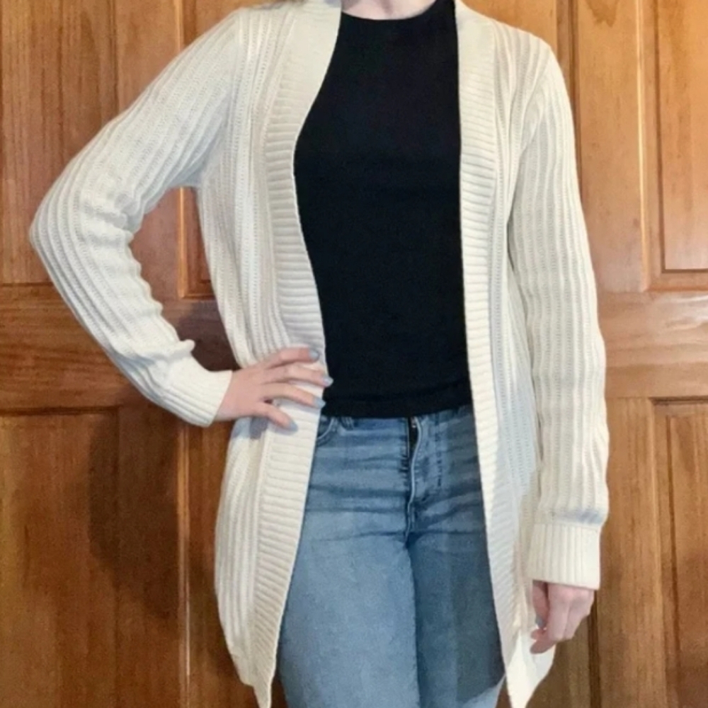 L.L. Bean (Size 1X) Cream Rib Knit Textured Cozy Open Front LS Cardigan Sweater